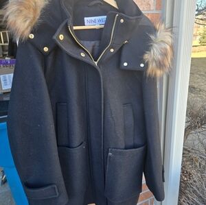 Nine West Womens Wool Coat W/fur Removable Hood